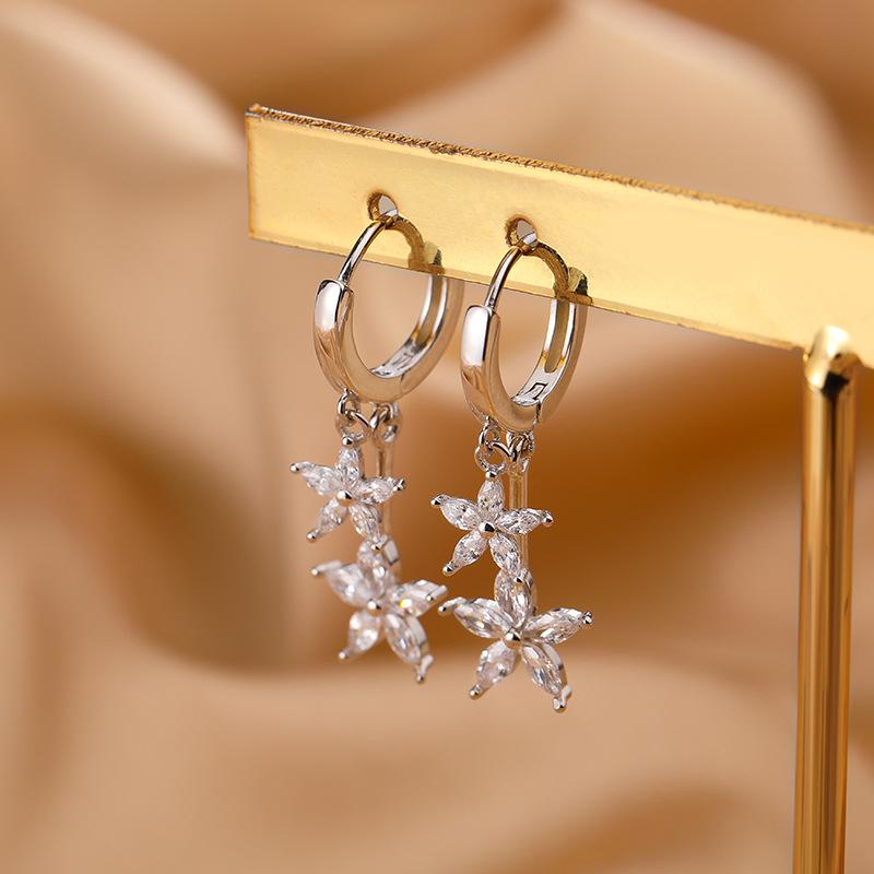 2024 New Zircon Flower Sterling Silver Circle Earrings for Women - Elegant, Trendy, and Exquisite Design.