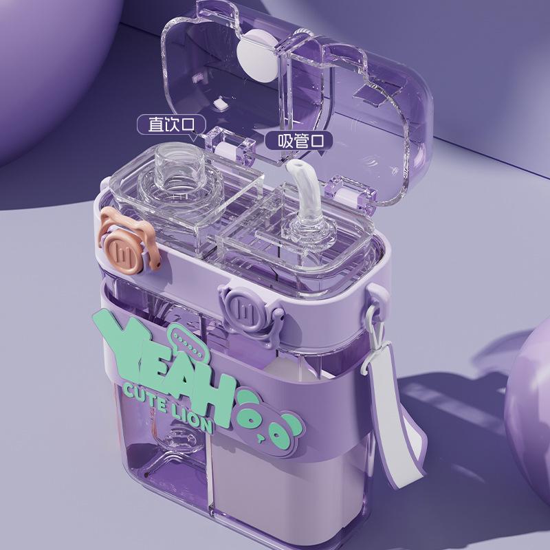 New Large-capacity Children's Water Bottle with Double Drinking Cups and Straws, Cute Cartoon Sports Water Cups