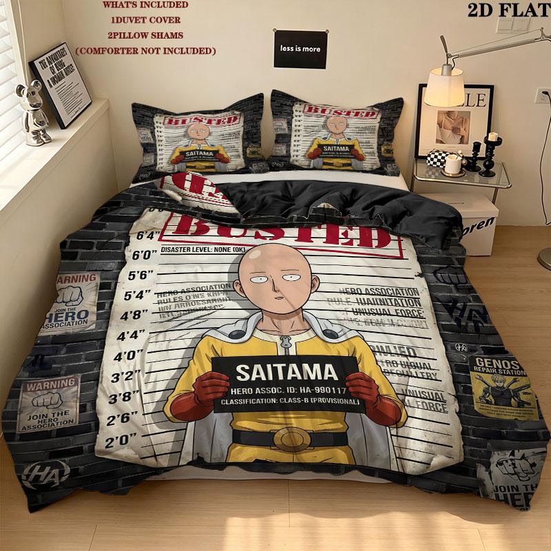 סט מצעים ושמיכה עם הדפס One Punch Man כיסוי שמיכה ציפית לציפית מתנת יום הולדת לבית(1 * כיסוי שמיכה + 2 * ציפות, ללא ליבה)