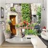 Shower Curtain: Charming Stone Cottage with Vibrant Flowers and Greenery for a Cozy and Inviting Bathroom Decor