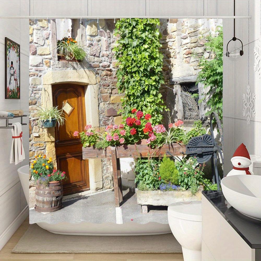 Shower Curtain: Charming Stone Cottage with Vibrant Flowers and Greenery for a Cozy and Inviting Bathroom Decor