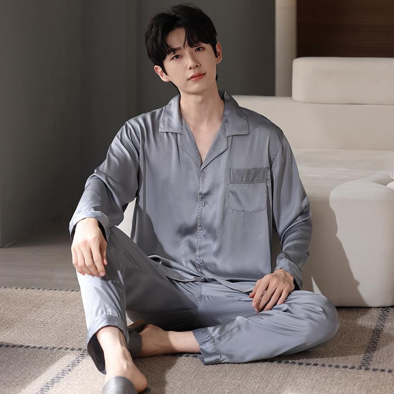 Ice Silk Pajamas Men'S Spring And Autumn Silk Summer Loungewear Long-Sleeved Men'S Striped Autumn Four-Season Large-Size Suit