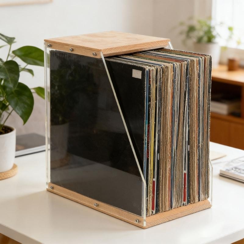 Multipurpose Vinyls Album Storage Case Wooden and Acrylic Record Magazines Display Rack Desktop Ornament