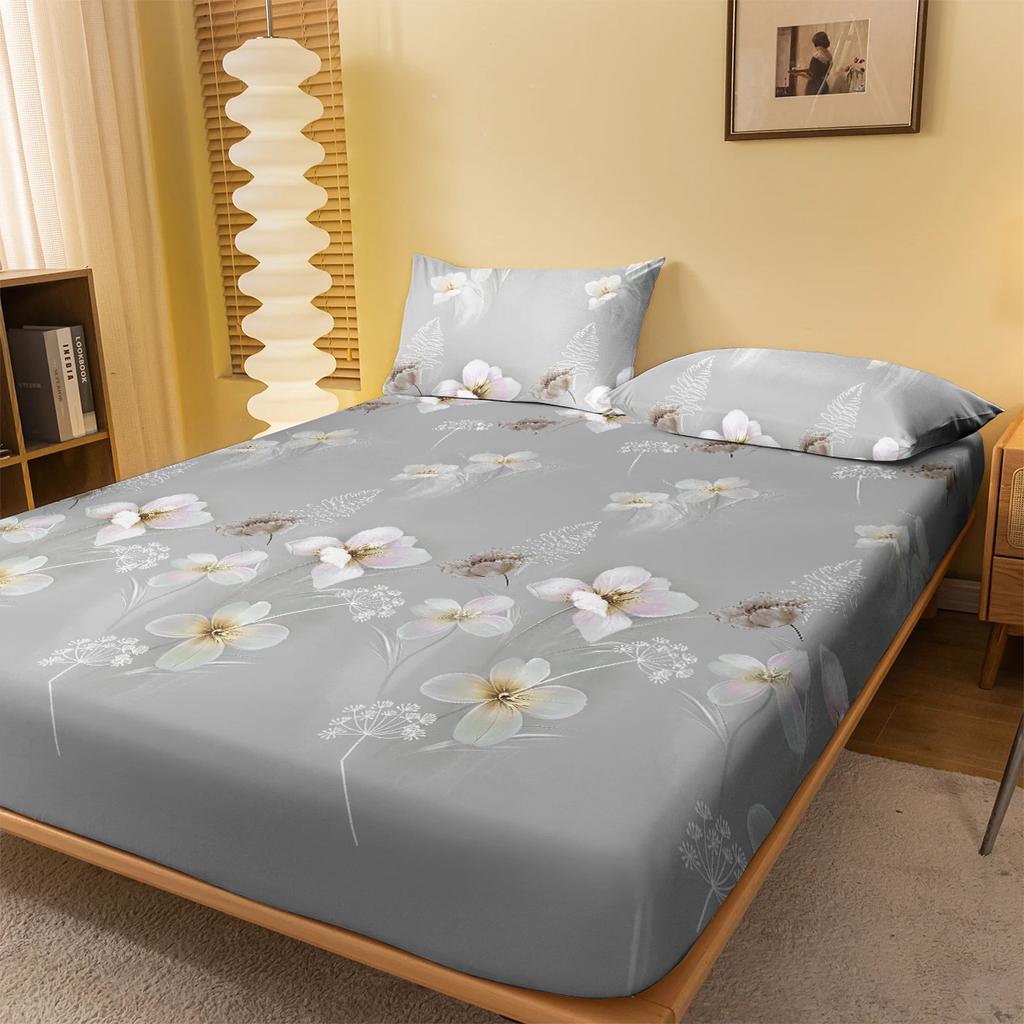 1 Simple Modern Plant Flower Printed Matte Fitted Sheet, Bedroom Printed Bed Cover, Bedding (Excluding Pillowcases)