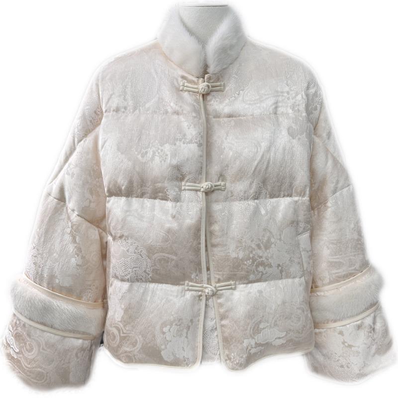 Retro Stand-up Collar Buckle Jacquard Mink Hair Down Jacket Women's Winter Goose Down Jacket a Piece