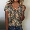 Tricou casual pentru femei, cu imprimeu floral negru, decolteu în V, mânecă scurtă, pentru purtare zilnică