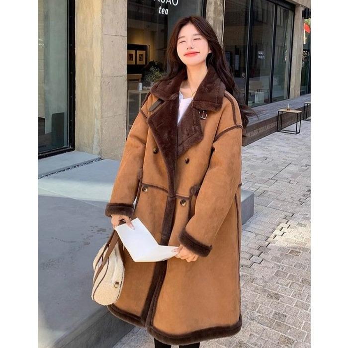 Korean Style Winter Lamb Fur Loose Coat for Women Thick Warm Long  Fleece Lined Jacket