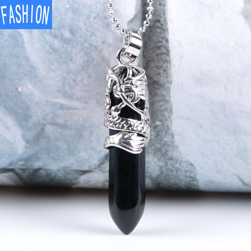 Tribal Totem Dragon Shaped Natural Stone Pendant Hexagon Aura Point Head Crystal Column Nekclace