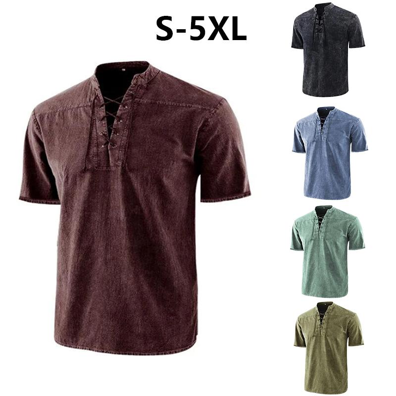 T-shirt à manches courtes et col en V pour homme, haut uni, décontracté, à lacets