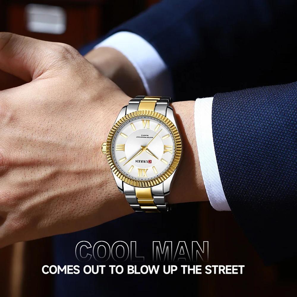 Men's Quartz Watches Fashion Elegant Simple Gold Silvery White Clock Stainless Steel Strap Wristwatch