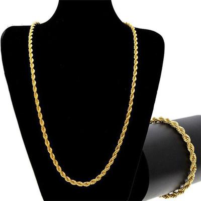 Gold Plated 18K Twisted Chain Necklace & Bracelet Set, 3mm Thick, Simple Couple Style