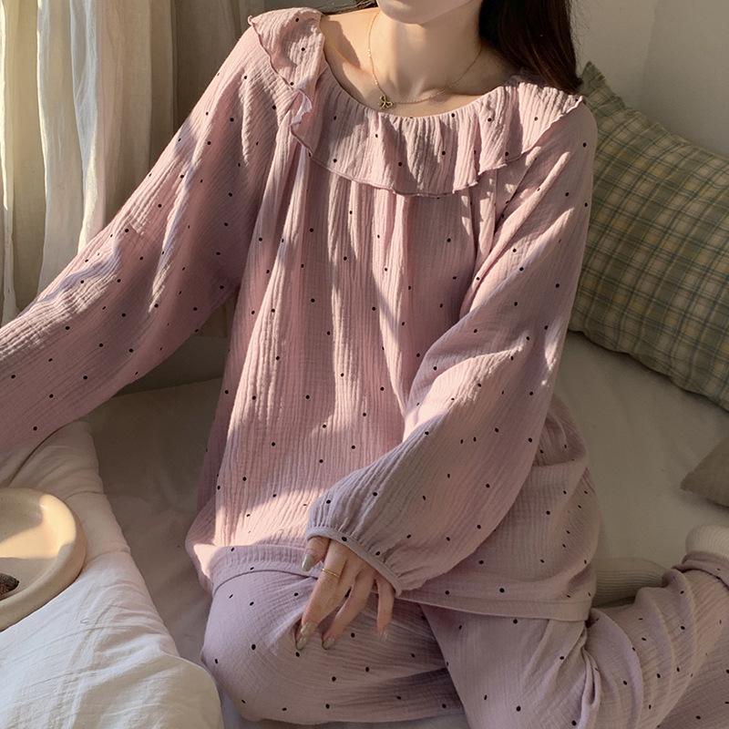 Ladies' Cartoon Pajama Set: Cotton Gauze, Long Sleeve & Pants, Thin Cardigan, Spring/Autumn Style.