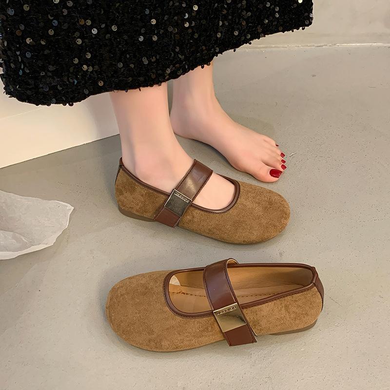 Retro Wildleder Mary Jane Schuhe für Damen 2025 Frühling neu flacher Mund Ein-Wort-Riemen flache Sohle Schuhe mit Rock Oma-Schuhe
