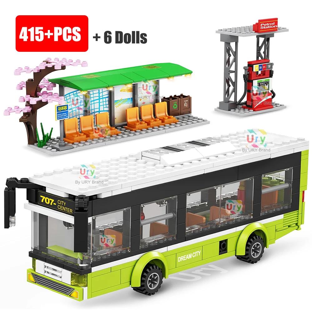 City Traffic Car Green Blue Passenger Bus Station Single-Deck Public Set Figures Model Building Blocks Diy Toys For Boys Gifts