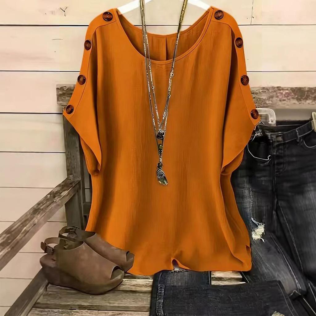 Women Loose Fit Short Sleeve Pullover Top with Round Neck and Decorative Button Casual Basic Blouse for Daily Wear