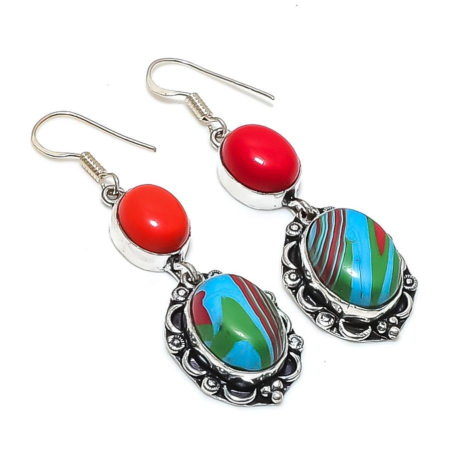 Rainbow Calsilica, Coral Gemstone 925 Sterling Silver Jewelry Earring 2.25"