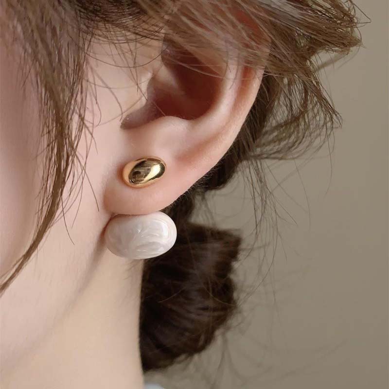 Vintage Metal Bean Spliced Flat Pearl Drop Earrings for Women Elegant Gold Color Drop Glazed Oval Earrings Jewelry Gifts