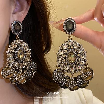 Medieval Vintage Silver Needle with Diamonds Oval Pendant Earrings Retro Court Style Stud Earrings Light Luxury High-end Earrings