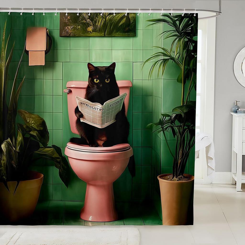 Cartoon Black Cat Shower Curtain Retro Pink Cherry Blossom Wild Flowers Bathroom Curtain Kids Teens Adults Cute Animal Vintage