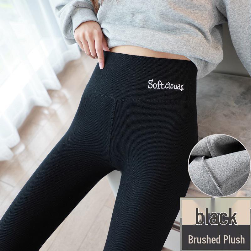 Verdickte Lammwolle Leggings für Damen, Hoher Bund, Bestickter Bund, Fleecegefüttert, Vertikale Streifen, Warme Herbst-/Winterhose.