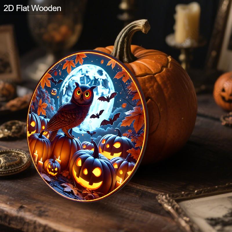 Halloween Owl Pumpkin Moon Round Flat Wooden Hanging Sign