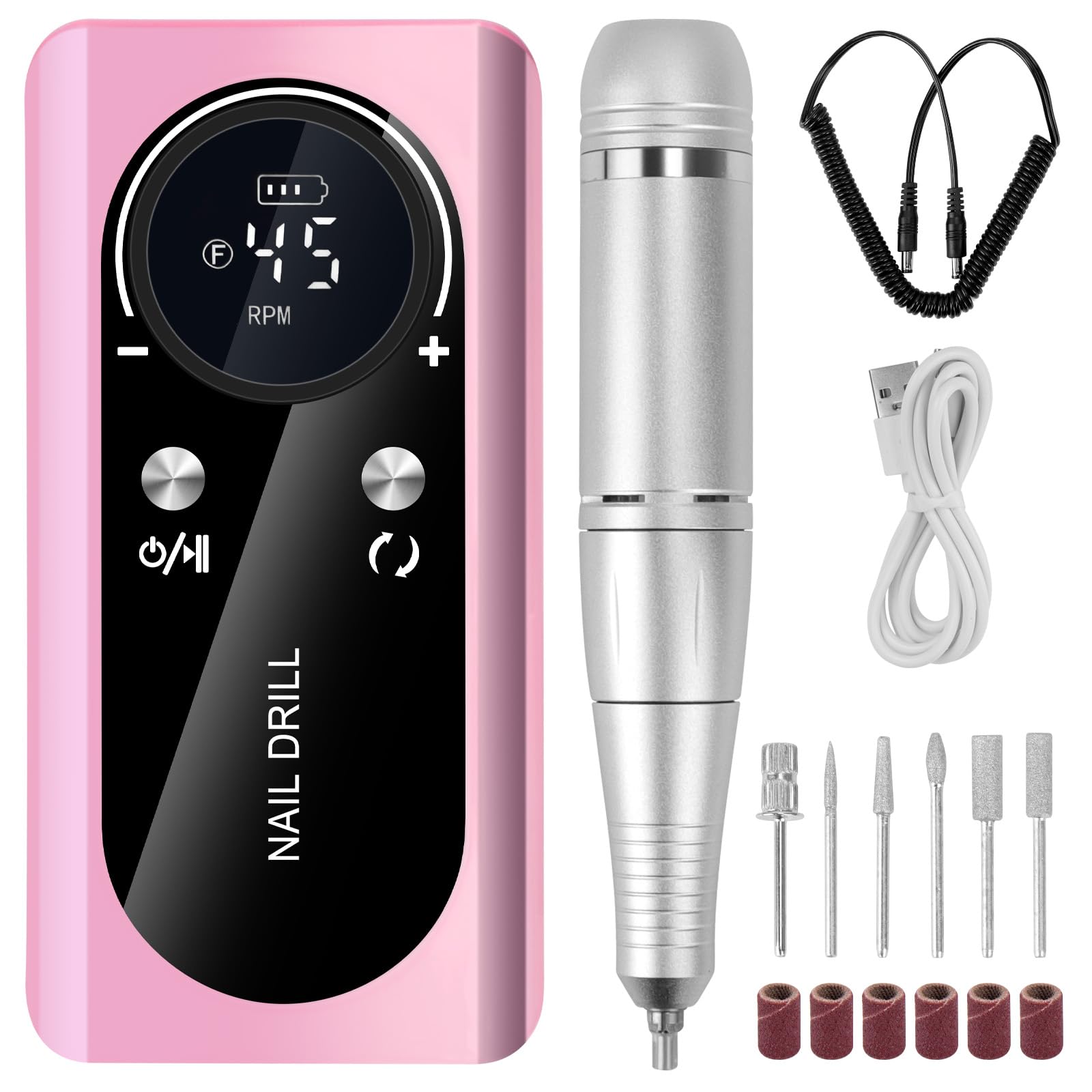 Professional 45000 RPM Portable Nail Drill & Electric Nail File for Acrylic Nails, Gel Polish Removal with 6 Drill Bits Kit for Home & Salon Use розовый