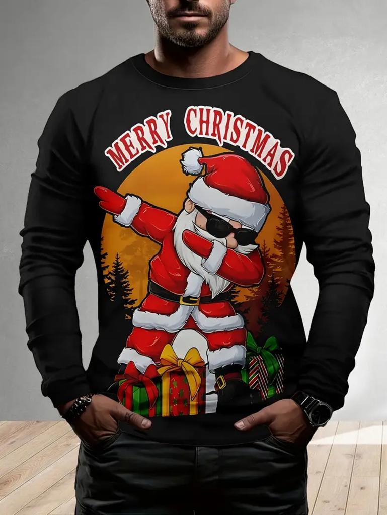 T-Shirts for Man Christmas Santa Claus 3D Print Casual Men's Long Sleeve Tee Pullover Crew Neck Y2k Tops Autumn Men's Clothing