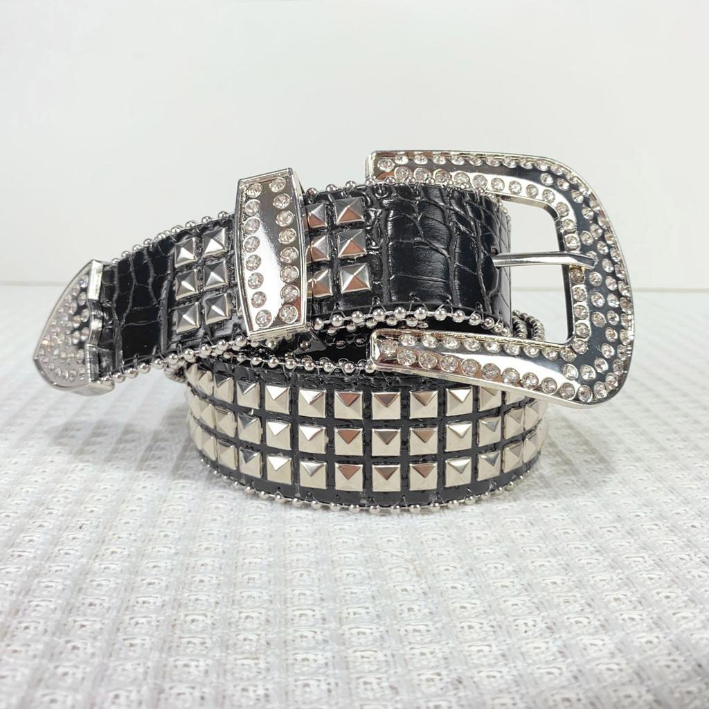 Rivet Waist Belt with Diamond Pin Buckle for Adult Personality PU Waist Belts for Women Coat Dress Adjustable Length