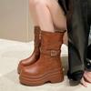 9CM Plateau Chunky Stiefel Damen Hohe Absätze Neu 2024 Herbst Halbhohe Leder-Sneaker Trend Winter Braun Motorradstiefel Zapatos