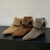 Genuine Leather Low Heel Ankle Boots Women Fashion Pointed Toe Buckle Design Western Cowboy Boot High Quality Nubuck Modern Boot