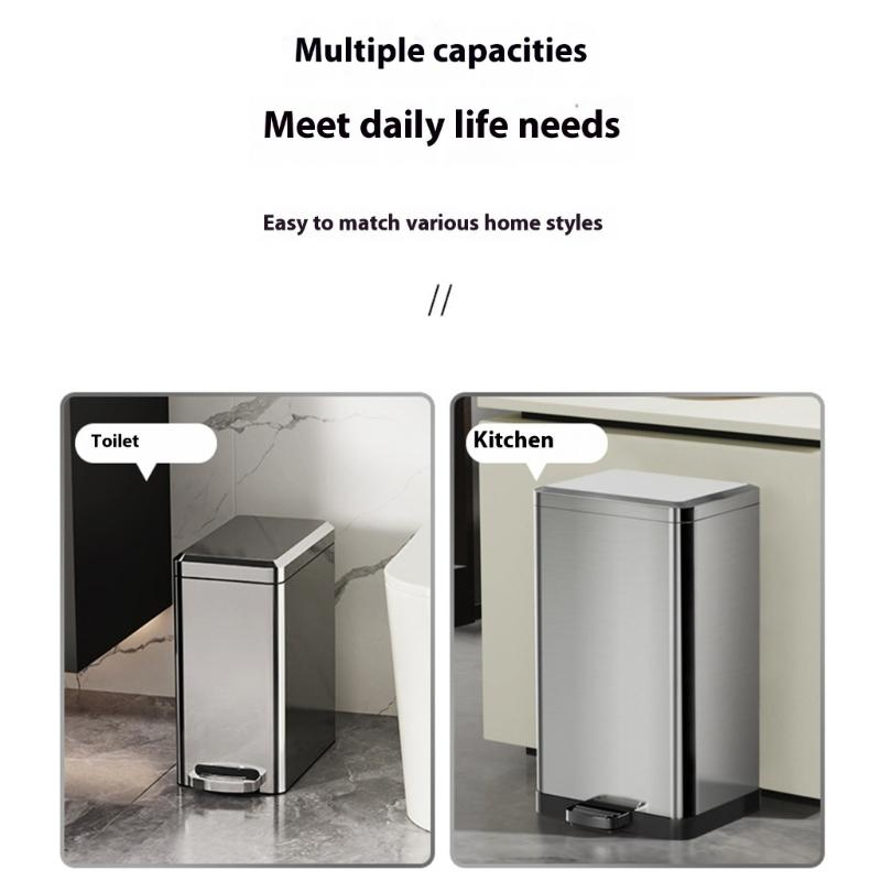 Stainless Steel Trash Can Quiet Closing Lid Rustproof Large Capacity For Kitchen Bathroom Office Home Use NonSlip Base