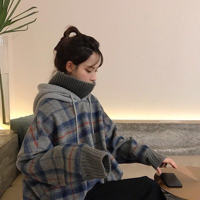 Women Fleece Hoodies Sweatshirt Winter Plaid Pirnted Cotton Hooded Sweatshirt Casual Loose Hooded Pullover Oversize Jacket