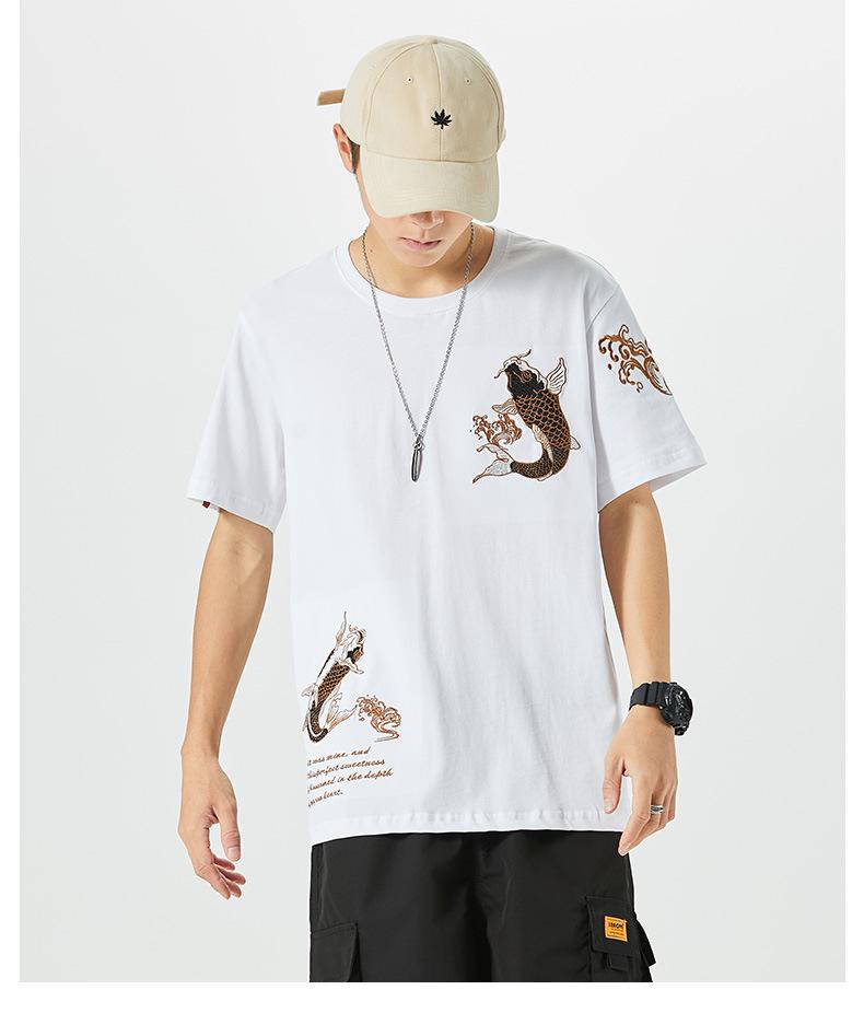 Pánské etnické bavlněné tričko s výšivkou kapra, krátký rukáv, volný střih, nadměrná velikost, styl národní vlny