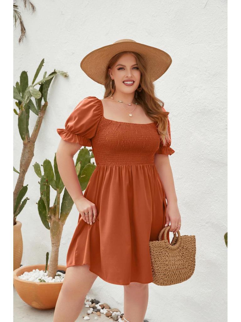 Plus Size Solid Color Casual Square Neck Vacation Dress with Smocked Puff Sleeves