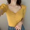 Summer New Style Hong Kong Style Retro Puff Sleeve Short Bottoming Slim V-neck Short-sleeved Sweater Tops for Women