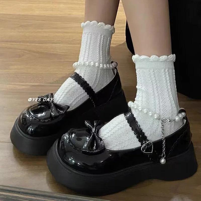 Fashion ZOKI Lovely Pearl Strap Lolita Shoes for Women Sweet Bowtie Platform Mary Janes Woman Patent Leather Non-Slip Cute Flats 2025