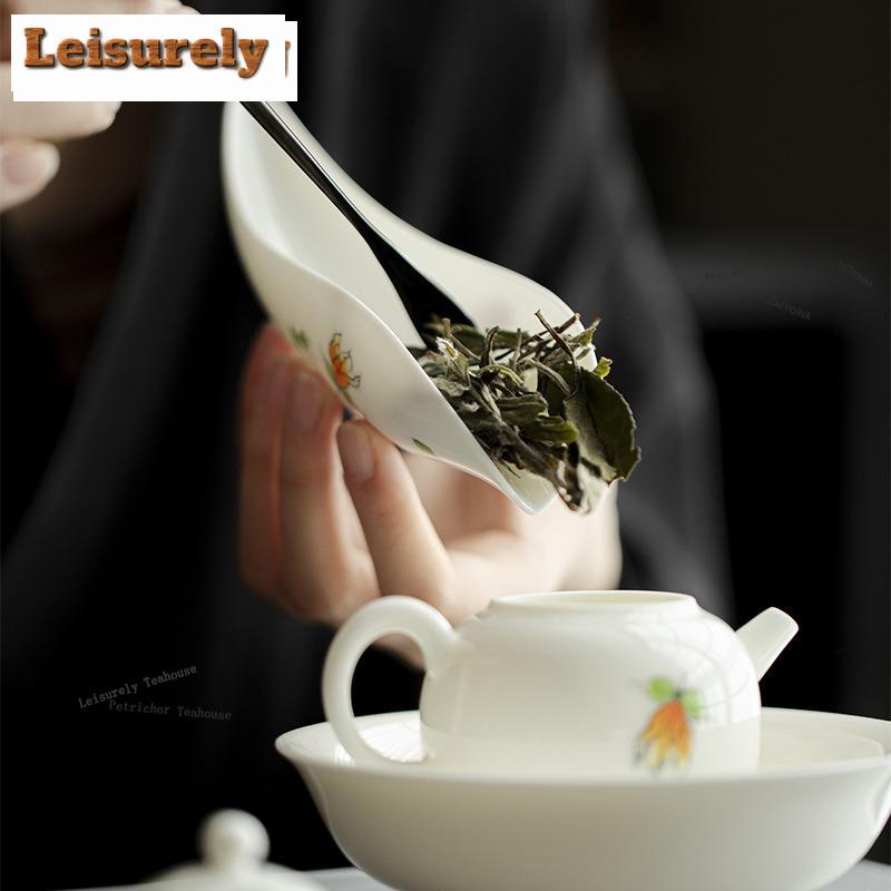 HOYIHM Hand-painted Finger Citron Flower Tea Scoop Aesthetic Jade Clay White Porcelain Awakening Tea Ladle Teaware Ornaments