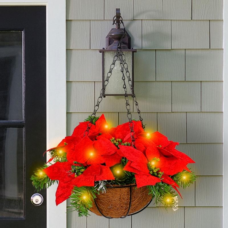 Artificial Poinsettia Floral Red Flowers Hanging Basket with LED Lights Christmas Hanging Basket Create Warm Atmosphere
