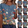 Women's Vintage Floral Print Henley Button Neck Short Sleeve Shirt Lightweight Cotton Linen Blend Casual Top for Everyday Wear