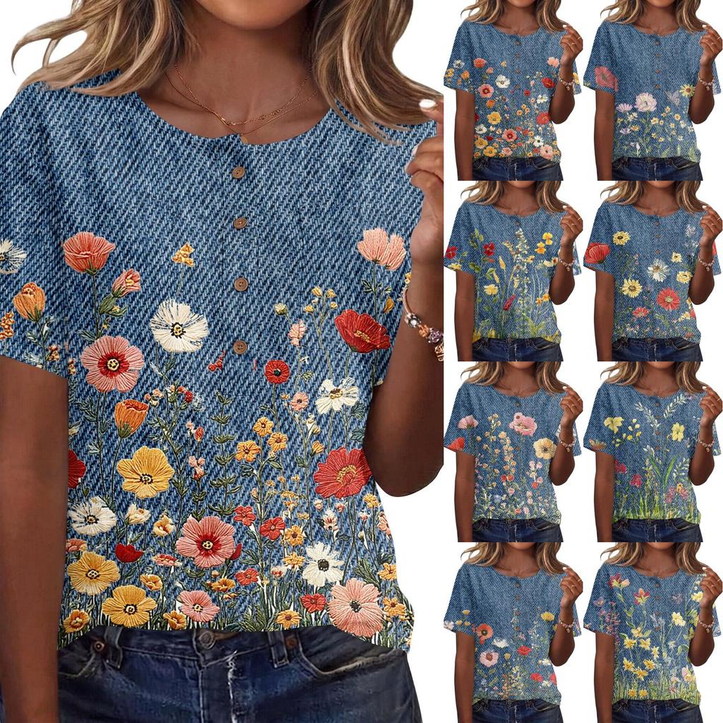 Women's Vintage Floral Print Henley Button Neck Short Sleeve Shirt Lightweight Cotton Linen Blend Casual Top for Everyday Wear