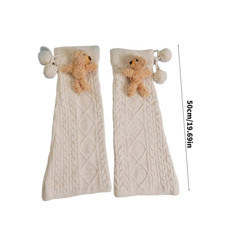 Japanese Cute Bear Rabbit Dolls Cable Knit Drawstring Leg Warmers for Women Warm Flared Foot Covers Knee Length Socks  medium gray
