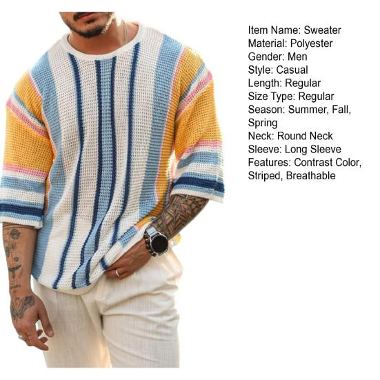 Suéter para Hombre Estampado a Rayas Cuello Redondo Tejido Media Manga Color a Juego Jersey Suelto Elástico Antiencogimiento Hombres Verano Otoño Primavera Suéter