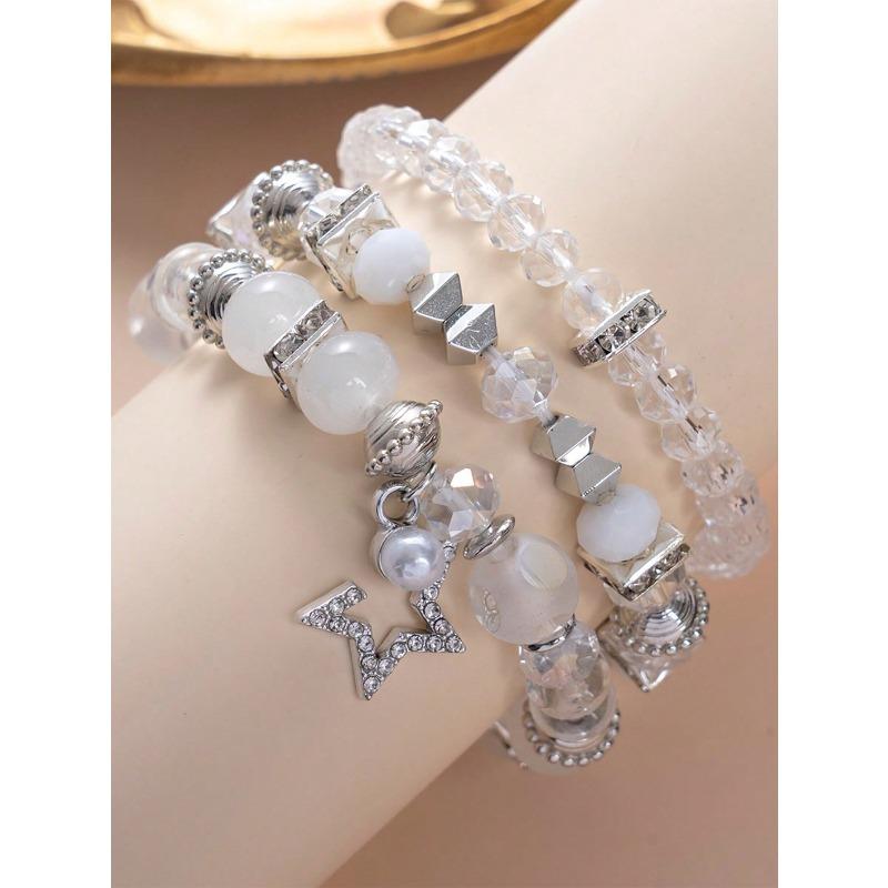 Set Damen Boho-Stil Kristallperlen Silberfarbene Legierung Kette Armbänder