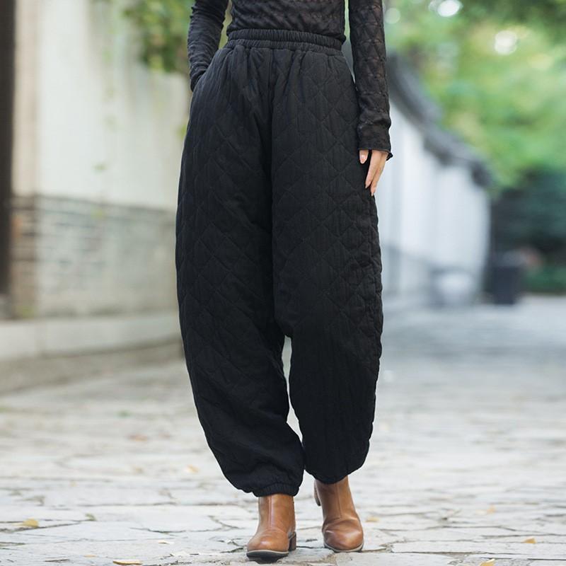 Johnature Pantaloni ocazional pentru femei, din bumbac cald, toamnă iarnă, talie elastică, culoare solidă, buzunare groase, pantaloni vintage, cu flori