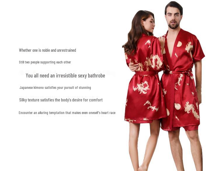 Summer Couple Silk Imitation Loungewear: Women's Nightgowns & Men's Bathrobes with Short Sleeves and Shorts.