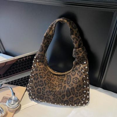 Fashion Lazy Style Leopard Print Tote Bag Retro Vintage Canvas Rivet Shoulder Bag Commuting Eelgant Crescent Bag Travel
