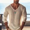 EU Maat Heren Vintage V-hals Lange Mouw T-shirt Lente Zomer Effen Kleur Losse Pullover Tops Ademend Doorzichtig T-shirt voor Mannen