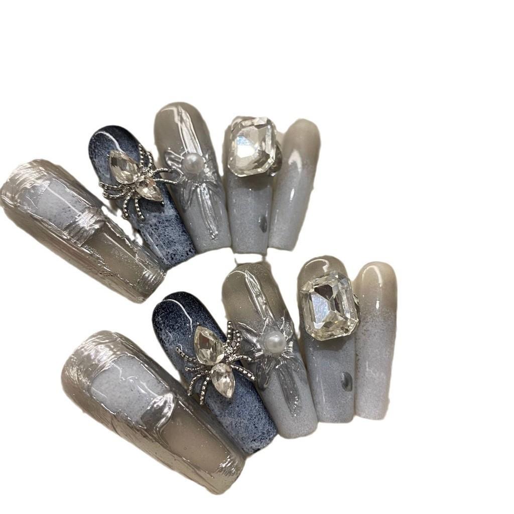 HANDMADE Lengthen Ballerina Shape/lengthen Long Trapezoid Dark Style 3D Metallic Silver Spider Blue Gradient Callous Summer Fake Nails Art Reusable