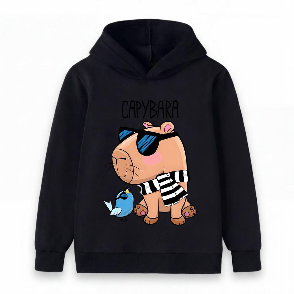 Kids Boys Girls Pullover Hoodie, Cool Capybara Wearing Sunglasses Print Casual Hooded Sweatshirt, Cute Blue Bird Pattern Soft Warm Lightweight Top