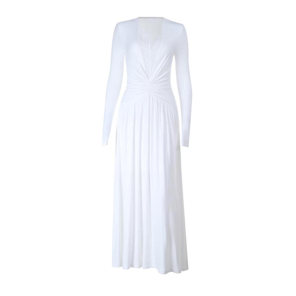 Women's Sexy White V-Neck Retro Lace Patchwork Long-Sleeve Dress - 2026 Early Spring Collection